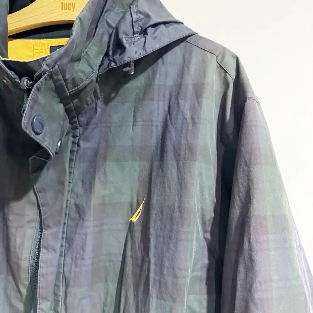 Nautica Men XL Green Blue Plaid Solid Yellow Reversible Jacket 90s Y2K‎